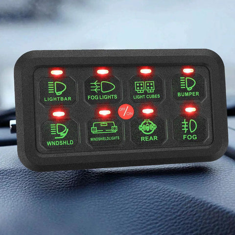 Eight Channel Touch Switch Box For Trucks LED Control Panel With Water Resistant Dimmable Circuit Relay System For Easy Tap LED Lighting Control Green, featuring illuminated buttons on dashboard.