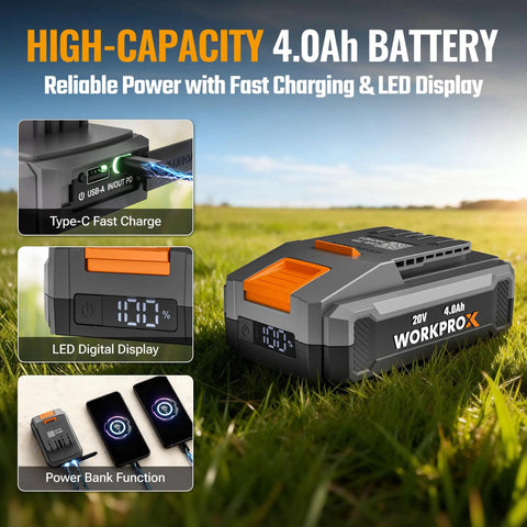Close-up of 20V Cordless Garden Tiller Cultivator's 4.0Ah battery with USB, LED display, showing charging feature on grass.