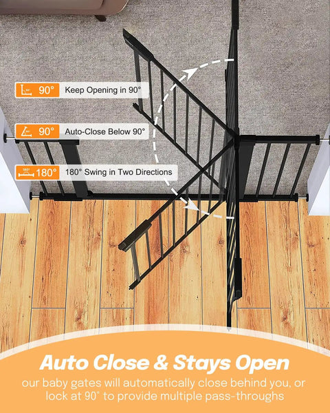 Diagram showing operation of Extra Tall 36 Inch Baby Gate for Stairs and Doorways Expands 29.5 to 48.8 Inch Wide Auto Close Pressure Mounted Gate