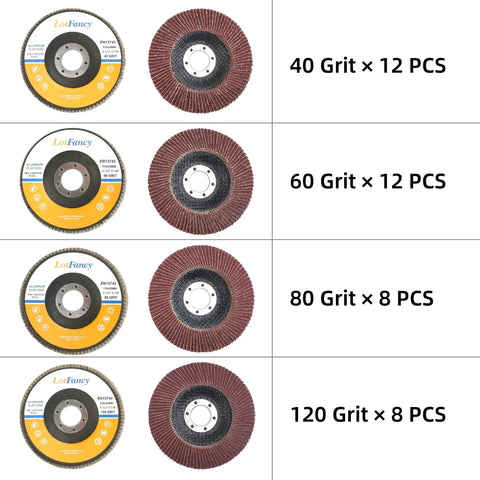 40 Piece Flap Disc Set For Angle Grinder Four And A Half Inch By Seven Eighths Inch Arbor Type 27 Aluminum Oxide Sanding Discs 40 60 80 120 Grit