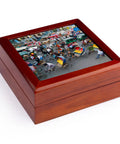 Premium Maple Wood Jewelry Box Featuring A Straight Up Killer Dhaka Rickshaw Street Scene On A Shiny Ceramic Tile, 5.5 inches.