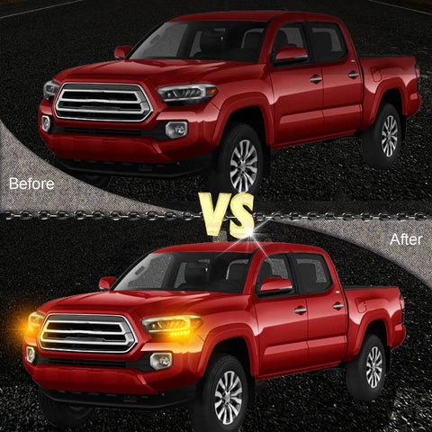 Before and after view of Toyota Tacoma with LED Front Side Marker Light Kit 2016-2023, showcasing dynamic amber signals