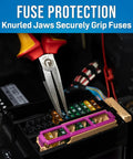 Jonard Tools Fp-600ins Insulated Fuse Puller with Cushion Grip gripping automotive fuses for secure extraction.