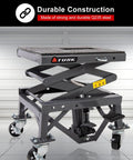 Heavy Duty Scissor Lift Stand For Motorcycles With Adjustable Height From 13.75 To 34 Inches Casters Rubber Top Pad Supports Up To 300 Lb