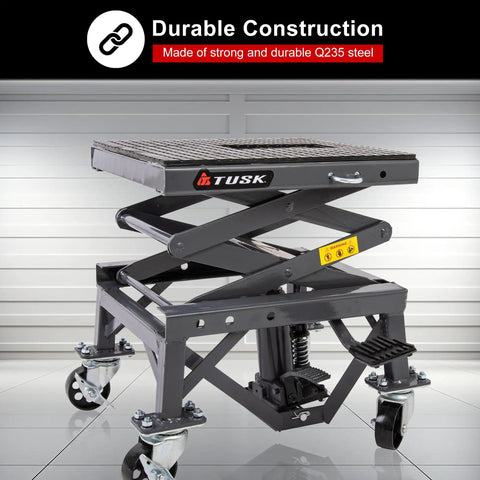 Heavy Duty Scissor Lift Stand For Motorcycles With Adjustable Height From 13.75 To 34 Inches Casters Rubber Top Pad Supports Up To 300 Lb