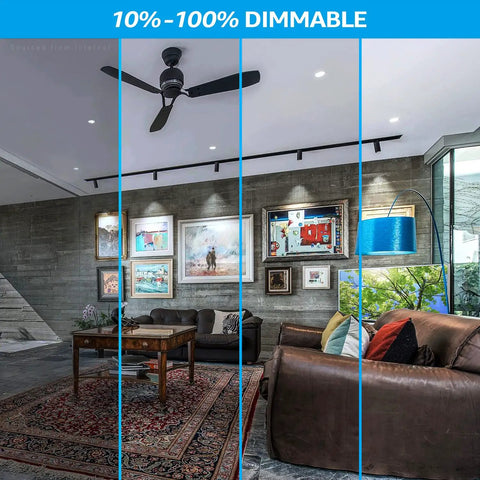 Living room with dimmable GU10 LED Bulbs showcasing brightness levels, UL Listed, 5000K daylight, perfect for modern vibe
