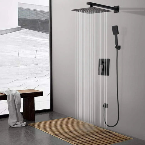 Matte Black 10 Inch Rainfall Shower Head With Boss High Pressure Handheld Kit, wall mounted in modern bathroom