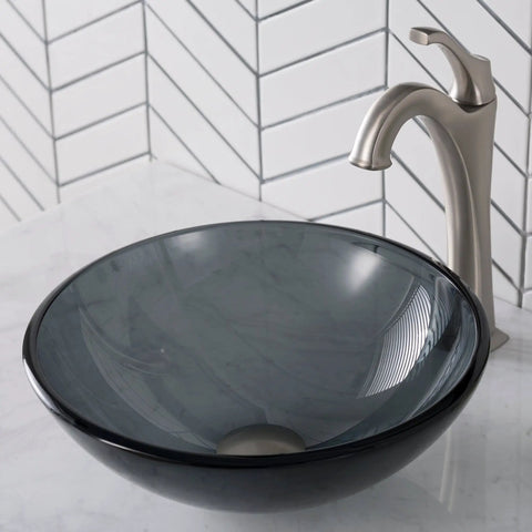 Round Clear Black Glass Vessel Sink For Bathroom, 14 Inch Above-Counter Design, Scratch-Resistant Surface, Easy To Clean Interior