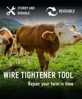 Cows behind barbed wire fence with text overlay promoting fence stretcher tool kit for farm fencing repair.