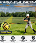 Boy practicing with 16x10 Ft Backstop Net For Baseball Soccer Basketball And Lacrosse All Sport Backyard Practice Net