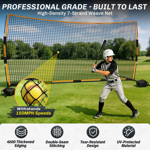 Boy practicing with 16x10 Ft Backstop Net For Baseball Soccer Basketball And Lacrosse All Sport Backyard Practice Net