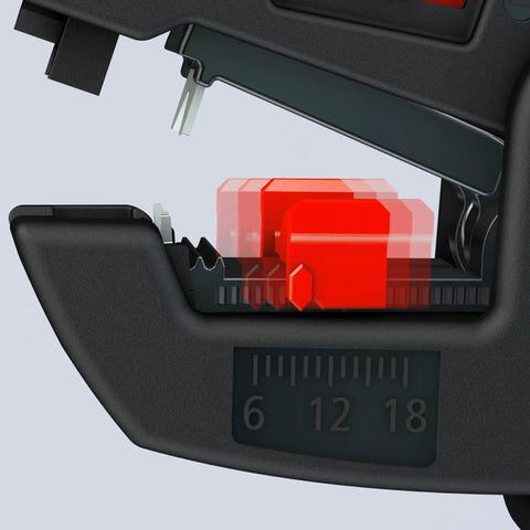 Close-up of insulation strippers for wires compact automatic cable stripping tool that adjusts to 0.2 to 6 mm² with gauge view
