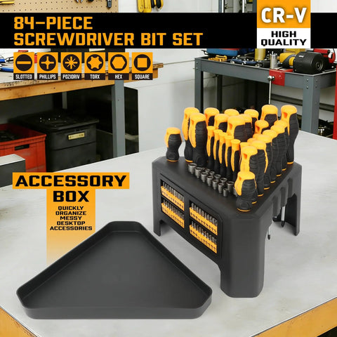 84 Piece Magnetic Screwdriver Set With Quick Store Rack And Tray on a table, including various screwdriver types and sizes.