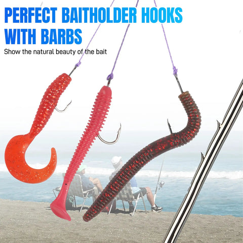 150 PCS J Hooks With Baitholder Long Shank Bait Holder Hook 2 Shank Offset for Saltwater and Freshwater Fishing