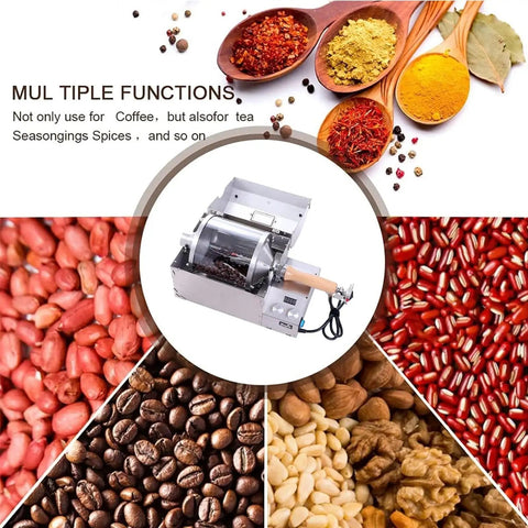 Solid Pro Level Fully Automatic Coffee Roaster With Heavy Duty Stainless Steel Drum, showcasing its multi-function use for various beans.