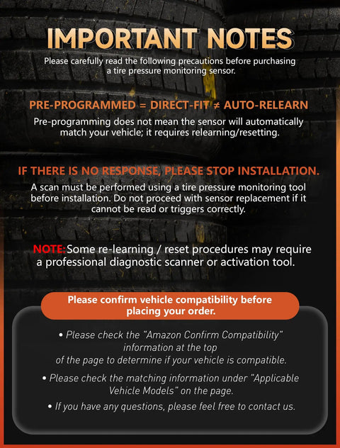 Important notes for installing No Sweat 315Mhz Tpms Sensor Set For Gm Trucks And Suv with ten year battery life.
