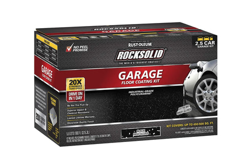 Pro Grade Polycuramine Garage Floor Coating With Drop Dead Slick High Gloss Black Finish Way Tougher Than Standard Epoxy Easy Self Leveling Two Part System For Garages And Basements box packaging, 2.5 car size, industrial-grade.