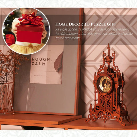 LED 3D Wood Puzzle Clock Tower Kit For Adults as home decor showpiece on a shelf, intricate design with functional clock