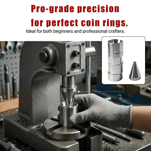 17 Degree Folding Die Set For Ring Sizers And Hydraulic Presses Pro Grade Beefy 5 Piece Stainless Steel Kit in use on press