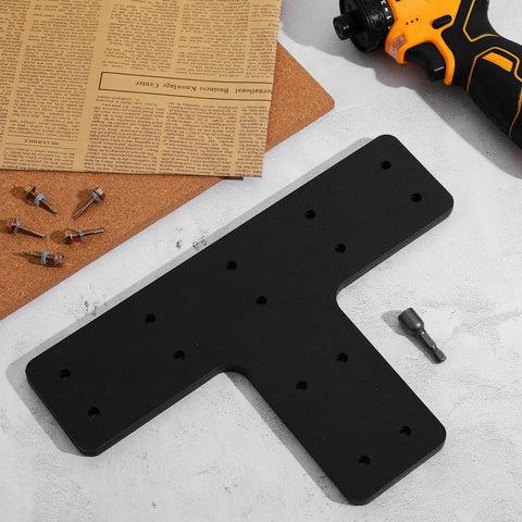 Heavy Duty T Shaped Post Brackets With Fifty Six Screws Hella Durable Steel Mending Plates for outdoor pergolas and fence repair.