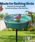 Outdoor Bird Bath With Ground Stake, Weather Resistant ABS Bowl, 13 Inch Diameter, birds bathing in green detachable bowl