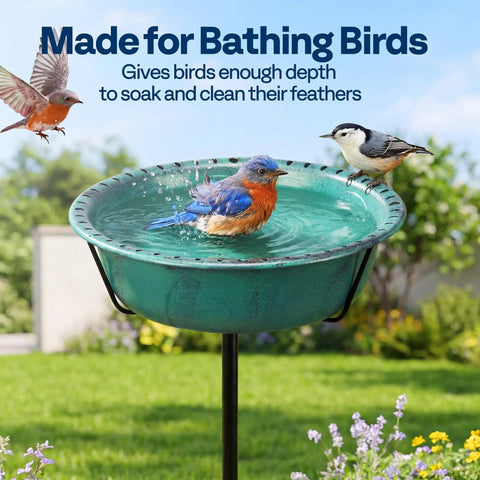 Outdoor Bird Bath With Ground Stake, Weather Resistant ABS Bowl, 13 Inch Diameter, birds bathing in green detachable bowl