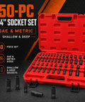 Heavy Duty 1/4 Inch Drive Impact Socket Set With 50 Pieces Sae And Metric Deep Shallow 6 Point Cr-V Bits For Auto Motorcycle Repair Plus Household Fixes red case open with sockets