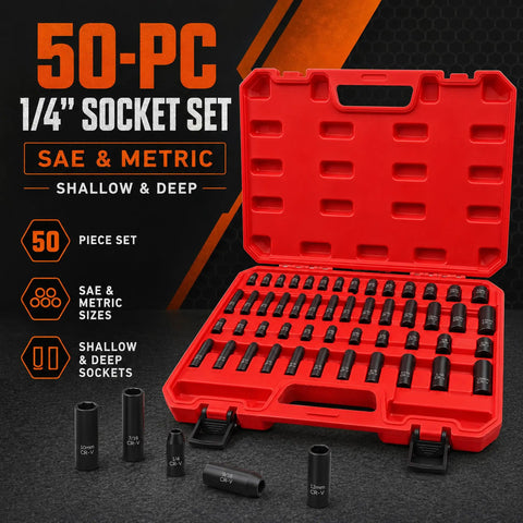 Heavy Duty 1/4 Inch Drive Impact Socket Set With 50 Pieces Sae And Metric Deep Shallow 6 Point Cr-V Bits For Auto Motorcycle Repair Plus Household Fixes red case open with sockets