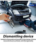 Mechanic using Valve Spring Compressor Tool With Unique Clamp Design for Easy Valve Removal next to car in garage