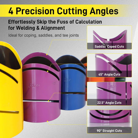 Heavy Duty Magnetic Steel Pipe Cutting Guide Kit Slide Right On And Skip The Math For 22 5 45 90 Degree Saddle Notches with color-coded templates.