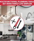 Image of a red and black 2 In 1 Plumbing Wrench Kit For Angle Stop And Supply Nut Installations, shown with four bathroom and kitchen settings.