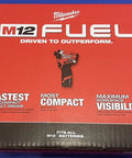 Milwaukee M12 Fuel 1/4" Hex Impact Driver Kit packaging featuring details on torque, lightweight design, and contractor bag.