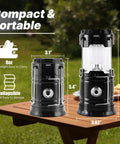 Collapsible Solar Camping Lantern With USB Rechargeable LED Flashlight showing compact design and dimensions on a table