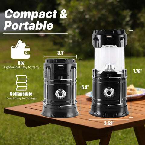 Collapsible Solar Camping Lantern With USB Rechargeable LED Flashlight showing compact design and dimensions on a table