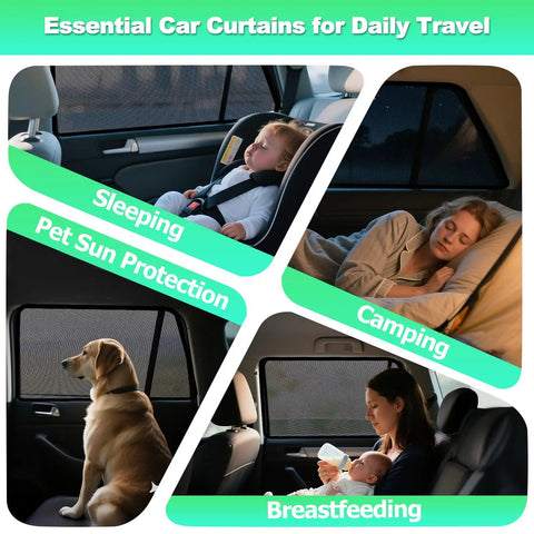Breathable mesh rear window shades for Toyota 4Runner 2011-2023, showing sleeping child and glowing dog with UV protection.