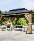 12x14 Heavy Duty Hardtop Gazebo With Double Metal Roof Wood Outdoor Pavilion With Privacy Curtains And Mosquito Netting Perfect For Backyard Garden Or Patio Weatherproof All Season Shelter Brown