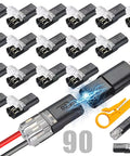 90 Pack 2 Pin Snap Wire Connectors With Heavy Duty Locking Clips And Quick Stripper Tool No Sweat Electrical Wiring Kit displayed.