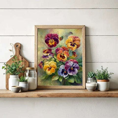 Flower Diamond Art Kit For Adults 5D Diamond Painting Set For Beginners colorful pansy framed wall decor on shelf