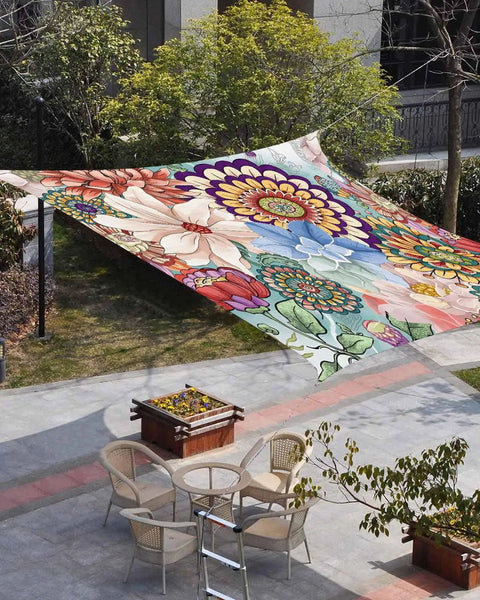 Boho Floral 8x10 Ft Sun Shade Sail Canopy Patio Ready Backyard Friendly Garden Deck Porch Outdoor Shade Cloth Waterproof UV Block With Sturdy Seams And Tear Resistant Construction providing shade over backyard seating area