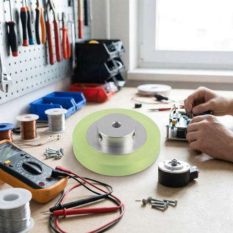 Beefy Rotary Encoder Meter Wheel With 6mm Aperture For Marking Machines And Inkjet Printers, shown on a workbench
