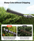 Gas Powered 7 In 1 Yard Tool With Hedge Trimmer cutting through bushes, showcasing hardened manganese steel, close-up view.