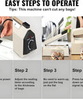 Illustration showing steps to use 12 Inch Manual Heat Sealer With Eight Adjustable Heating Levels Handy Portable Poly Bag Sealer