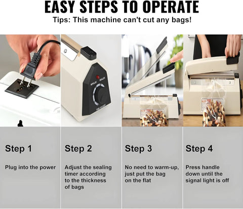 Illustration showing steps to use 12 Inch Manual Heat Sealer With Eight Adjustable Heating Levels Handy Portable Poly Bag Sealer