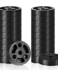 Heavy Duty Deck Ledger Spacers Bulk Pack Featuring Two Inch Round Base And Half Inch Width For No Sweat Installation Plus Top Notch Drainage, stacked black polypropylene spacers.