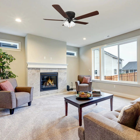 Living room with 52 Inch Traditional Ceiling Fan With Five Blades And Dope LED Light Kit, low profile hugger, oil rubbed bronze finish.