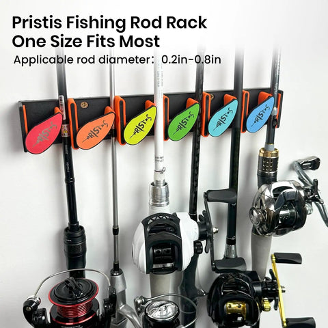 Rainbow-colored two-pack wall mounted fishing rod rack organizer for garage with adjustable grip holders for rods 0.2-0.8 inches