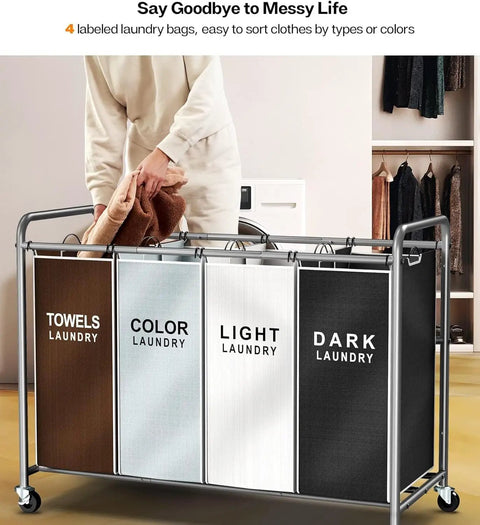 Heavy Duty Four Section Laundry Hamper Sorter Cart With Labeled Mesh Storage Bags Rock Solid Frame And Smooth Locking Wheels Straight Up The Ultimate Laundry Day Lifesaver For Hella Organized Closets And Bedrooms