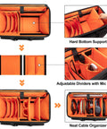 Rolling DJ Cable Bag With Hard Padded Bottom Detachable Dividers And Dolly Travel Gig Case showing adjustable dividers and cable slots