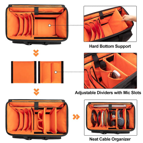 Rolling DJ Cable Bag With Hard Padded Bottom Detachable Dividers And Dolly Travel Gig Case showing adjustable dividers and cable slots