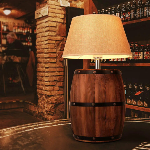 Antique Modern Wood Wine Barrel Desk Lamp With Fabric Shade Plug In Table Lamp With Switch For Bedroom And Living Room E26 Max 60W Incandescent Or LED Compatible Bulb Not Included 20.07 Inches Tall And 8.66 Inches Wide